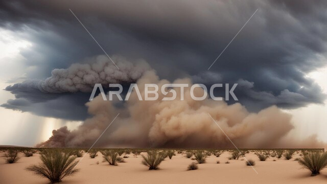الكثبان والرمال الذهبية الناعمة، التشكيلات والتكوينات الرملية في المملكة العربية السعودية, منظر السماء الممتلئة بالغيوم الداكنة، الزوابع الغبارية القوية, أجواء وطقوس قاسية, غبار العاصفة الرملية في الصحراء, رياح ترابية في المناطق الصحراوية