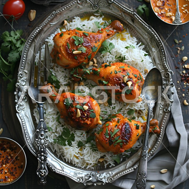 فن الطهي للمأكولات العربية الشرقية ،طبق من الأرز الأبيض مع الخضروات وقطع الدجاج المطهية ،وصفات تقليدية مشهورة في مطاعم المملكة العربية السعودية ،وجبات وأطباق شعبية