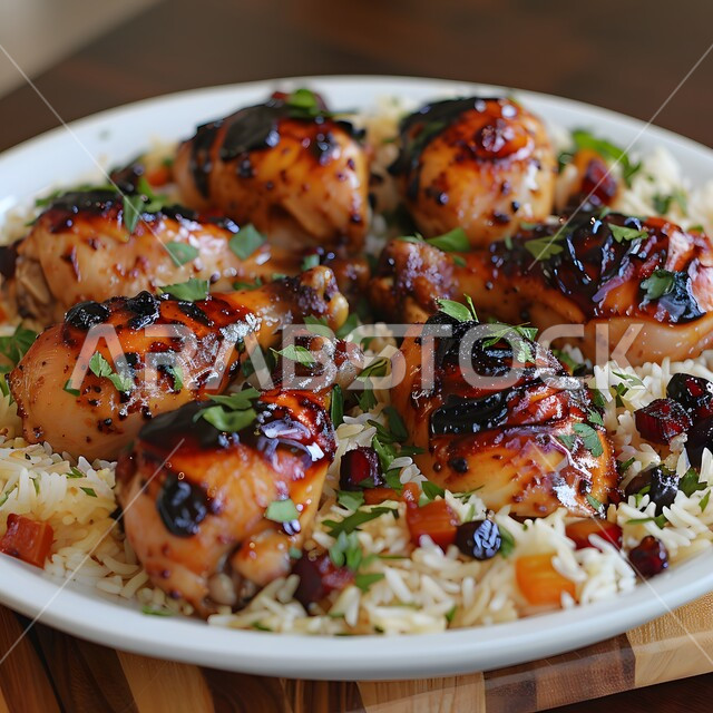 فن الطهي للمأكولات العربية الشرقية ،طبق من الأرز الأبيض مع الخضروات وقطع الدجاج المطهية ،وصفات تقليدية مشهورة في مطاعم المملكة العربية السعودية ،وجبات وأطباق شعبية