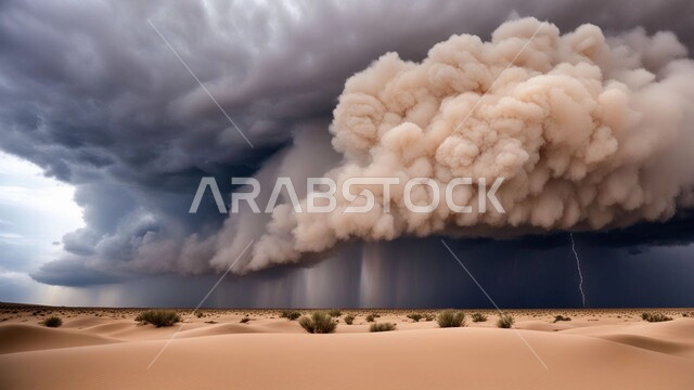 منظر السماء الممتلئة بالغيوم الداكنة، الكثبان والرمال الذهبية الناعمة، التشكيلات والتكوينات الرملية في المملكة العربية السعودية, الزوابع الغبارية القوية, أجواء وطقوس قاسية, غبار العاصفة الرملية في الصحراء, رياح ترابية في المناطق الصحراوية
