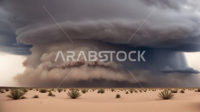 منظر السماء الممتلئة بالغيوم الداكنة، الكثبان والرمال الذهبية الناعمة، التشكيلات والتكوينات الرملية في المملكة العربية السعودية, الزوابع الغبارية القوية, أجواء وطقوس قاسية, غبار العاصفة الرملية في الصحراء, رياح ترابية في المناطق الصحراوية