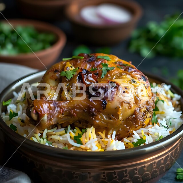 فن الطهي للمأكولات العربية الشرقية ،طبق من الأرز الأبيض مع الخضروات وقطع الدجاج المطهية ،وصفات تقليدية مشهورة في مطاعم المملكة العربية السعودية ،وجبات وأطباق شعبية