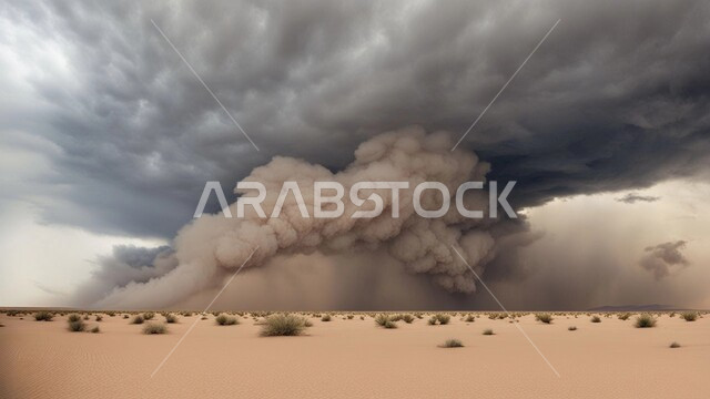 الزوابع الغبارية القوية، غبار العاصفة الرملية في الصحراء, رياح ترابية في المناطق الصحراوية, الكثبان والرمال الذهبية الناعمة، التشكيلات والتكوينات الرملية في المملكة العربية السعودية, منظر السماء الممتلئة بالغيوم الداكنة