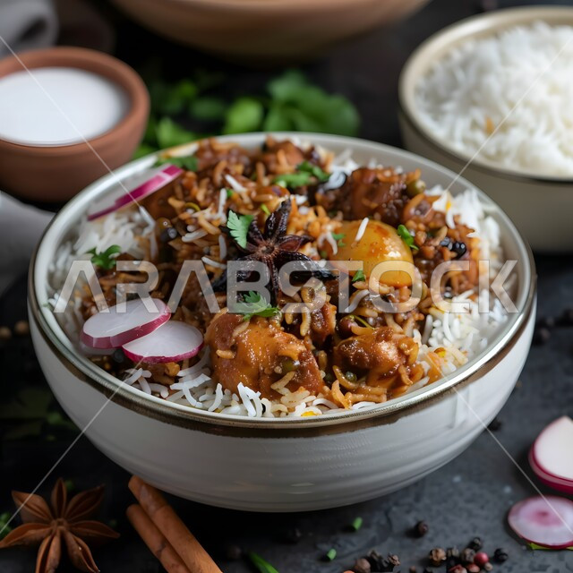 وصفات تقليدية مشهورة في مطاعم المملكة العربية السعودية ،وجبات وأطباق شعبية ،فن الطهي للمأكولات العربية الشرقية ، صورة مقربة لطبق من الأرز الأبيض مع الخضروات وقطع اللحم المطهية ،أكلات غذائية غنية بالبروتين