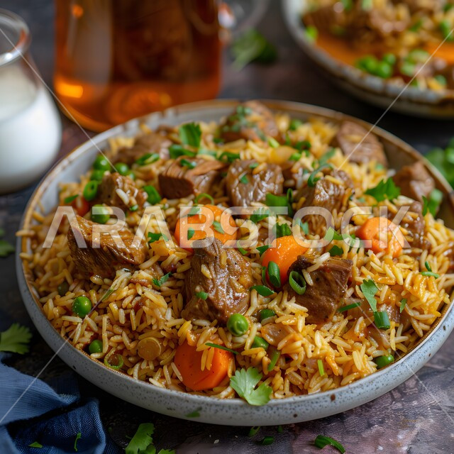 طبق من أرز الكبسة اللذيذ مع قطع لحم الضأن المزين بالبقدونس والخضار الطازجة، وصفات وأطباق طعام صحية، أكلات شعبية شهية، فنون تقديم الطعام في مطابخ المملكة العربية السعودية، مطاعم للمأكولات التقليدية الشرقية