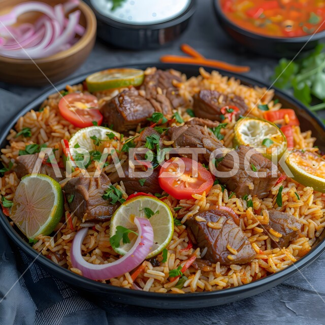 طبق من أرز الكبسة اللذيذ مع قطع لحم الضأن المزين بالبقدونس والخضار الطازجة، وصفات وأطباق طعام صحية، أكلات شعبية شهية، فنون تقديم الطعام في مطابخ المملكة العربية السعودية، مطاعم للمأكولات التقليدية الشرقية