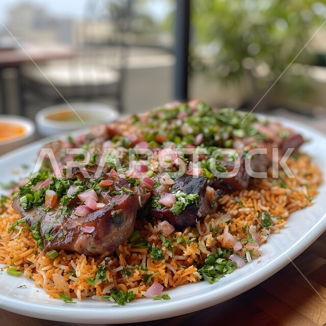 طبق من أرز الكبسة اللذيذ مع قطع لحم الضأن المزين بالبقدونس والخضار الطازجة، وصفات وأطباق طعام صحية، أكلات شعبية شهية، فنون تقديم الطعام في مطابخ المملكة العربية السعودية، مطاعم للمأكولات التقليدية الشرقية