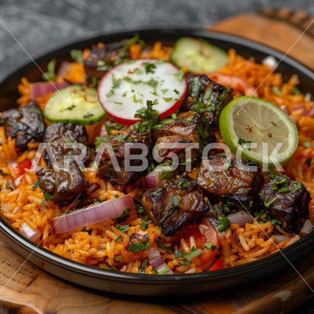 طبق من أرز الكبسة اللذيذ مع قطع لحم الضأن المزين بالبقدونس والخضار الطازجة، وصفات وأطباق طعام صحية، أكلات شعبية شهية، فنون تقديم الطعام في مطابخ المملكة العربية السعودية، مطاعم للمأكولات التقليدية الشرقية