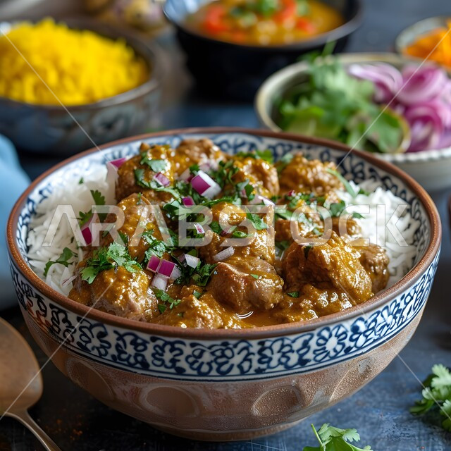  طبق من أرز الكبسة مع قطع اللحم المزين والخضروات، ولائم وأطباق عربية تقليدية شعبية، وصفات المأكولات والوجبات الشرقية الشهية، مطابخ ومطاعم المملكة العربية السعودية، صحن من البرياني باللحم الدسم، مهارة إعداد وصفة المندي الخليجي المشهورة بالتوابل الغنية بالنكهات 