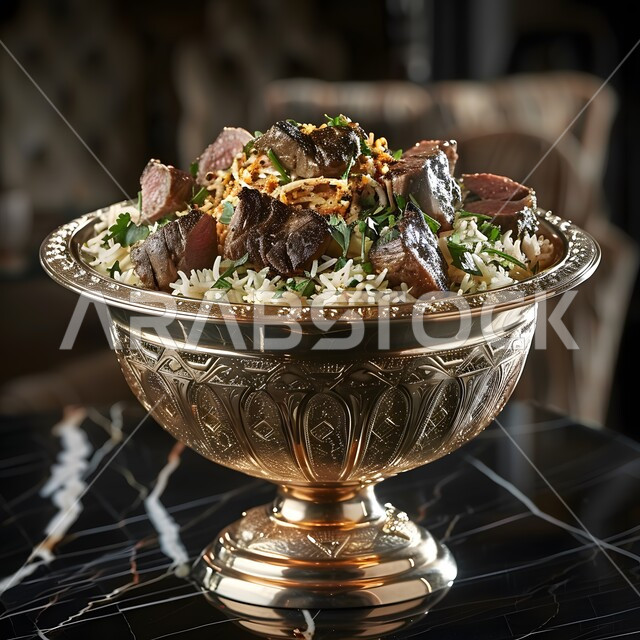  طبق من أرز الكبسة مع قطع اللحم المزين والخضروات، ولائم وأطباق عربية تقليدية شعبية، وصفات المأكولات والوجبات الشرقية الشهية، مطابخ ومطاعم المملكة العربية السعودية، صحن من البرياني باللحم الدسم، مهارة إعداد وصفة المندي الخليجي المشهورة بالتوابل الغنية بالنكهات 