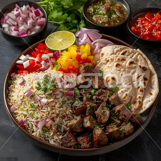  طبق من أرز الكبسة مع قطع اللحم المزين والخضروات، ولائم وأطباق عربية تقليدية شعبية، وصفات المأكولات والوجبات الشرقية الشهية، مطابخ ومطاعم المملكة العربية السعودية، صحن من البرياني باللحم الدسم، مهارة إعداد وصفة المندي الخليجي المشهورة بالتوابل الغنية بالنكهات 