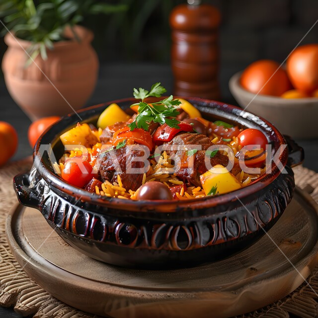 ولائم وأطباق عربية تقليدية شعبية، طبق من أرز الكبسة مع قطع اللحم المزين والخضروات، وصفات المأكولات والوجبات الشرقية الشهية، مطابخ ومطاعم المملكة العربية السعودية، صحن من البرياني باللحم الدسم، مهارة إعداد وصفة المندي الخليجي المشهورة بالتوابل الغنية بالنكهات 