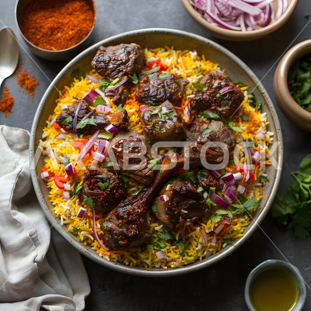 ولائم وأطباق عربية تقليدية شعبية، طبق من أرز الكبسة مع قطع اللحم المزين والخضروات، وصفات المأكولات والوجبات الشرقية الشهية، مطابخ ومطاعم المملكة العربية السعودية، صحن من البرياني باللحم الدسم، مهارة إعداد وصفة المندي الخليجي المشهورة بالتوابل الغنية بالنكهات 