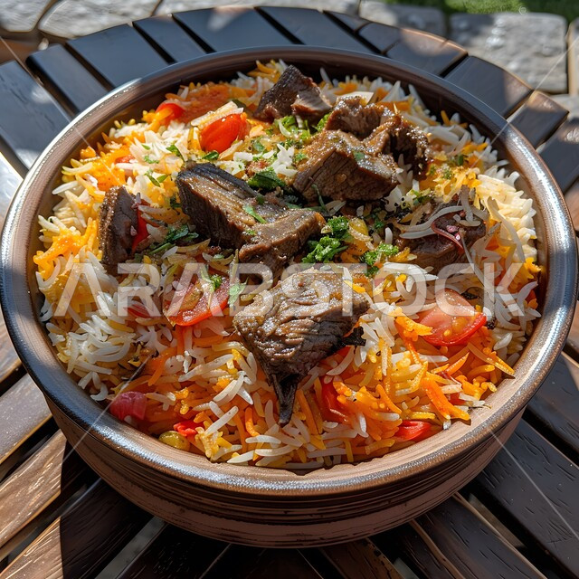 ولائم وأطباق عربية تقليدية شعبية، طبق من أرز الكبسة مع قطع اللحم المزين والخضروات، وصفات المأكولات والوجبات الشرقية الشهية، مطابخ ومطاعم المملكة العربية السعودية، صحن من البرياني باللحم الدسم، مهارة إعداد وصفة المندي الخليجي المشهورة بالتوابل الغنية بالنكهات 