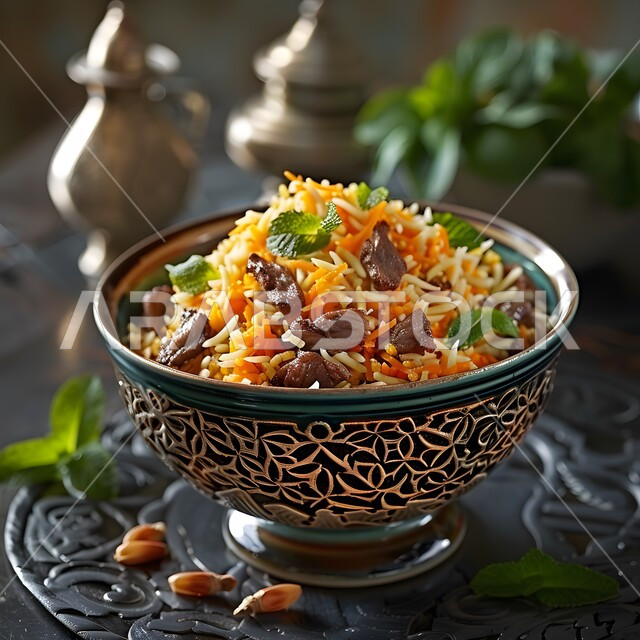  طبق من أرز الكبسة مع قطع اللحم المزين والخضروات، ولائم وأطباق عربية تقليدية شعبية، وصفات المأكولات والوجبات الشرقية الشهية، مطابخ ومطاعم المملكة العربية السعودية، صحن من البرياني باللحم الدسم، مهارة إعداد وصفة المندي الخليجي المشهورة بالتوابل الغنية بالنكهات 