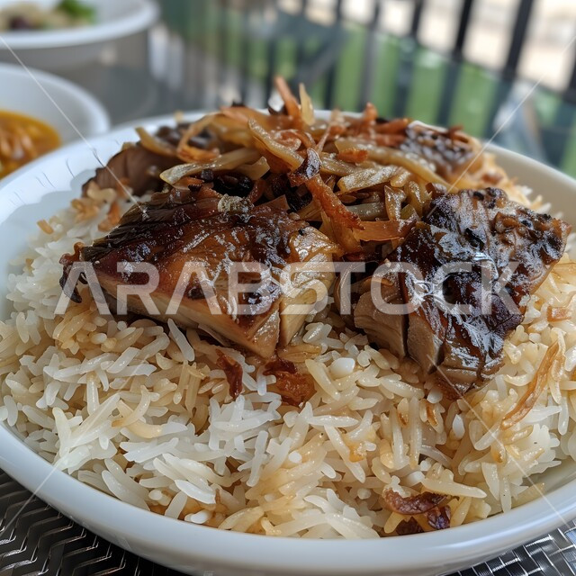 صحن من البرياني المزين بقطع اللحم الدسم، مهارة إعداد وصفة المندي الخليجي بالتوابل الغنية بالنكهات، طبق من أرز الكبسة  المشهور اللذيذ، ولائم وأطباق عربية تقليدية شعبية، وصفات المأكولات والوجبات الشرقية الشهية