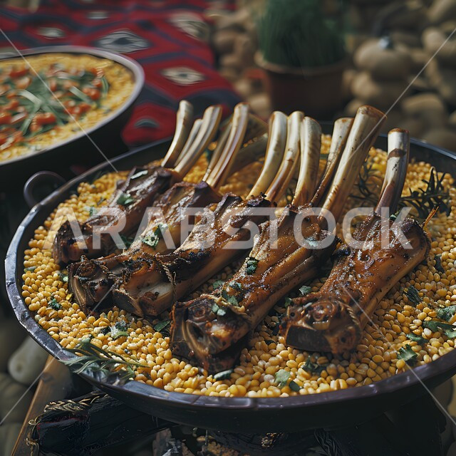 صحن من البرياني المزين بقطع اللحم الدسم، مهارة إعداد وصفة المندي الخليجي بالتوابل الغنية بالنكهات، طبق من أرز الكبسة  المشهور اللذيذ، ولائم وأطباق عربية تقليدية شعبية، وصفات المأكولات والوجبات الشرقية الشهية
