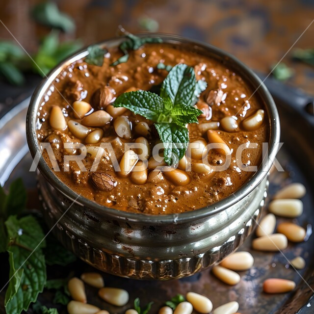  طبق من حساء الفاصولياء البيضاء باللحم المزين بالأوراق الخضراء، فنون التقديم في مطاعم ومطابخ المملكة العربية السعودية، أطباق من المأكولات العربية التقليدية الشعبية، وصفات طعام شهية صحية لذيذة، مفهوم الولائم والعزائم