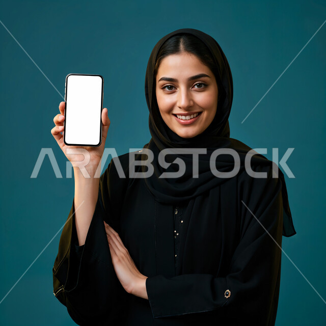 استخدام الأجهزة التقنية الحديثة، الاهتمام بالأناقة والمظهر الخارجي، بورتريه مقرب لامرأة عربية خليجية سعودية مبتسمة محجبة ترتدي العباءة السوداء تحمل بيدها الهاتف المحمول و تنظر إلى الكاميرا بإيماءات السعادة و السرور, عرض شاشة بيضاء فارغة عبر الجوال, خلفية زرقاء