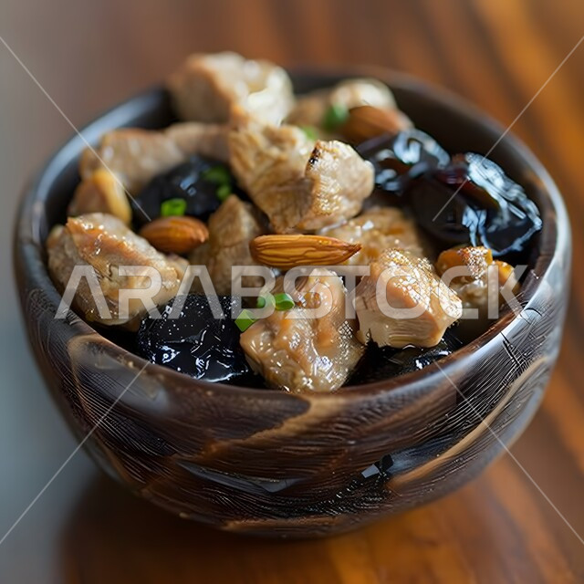 طاجن اللحم الغني بالمكسرات وحبات الزبيب والمشمش على الطريقة المغربية، وجبات الأطعمة الصحية الشهية، مطاعم للمأكولات الشرقية في المطبخ السعودي, أكلات شعبية تقليدية, تنوع الوصفات العربية في مطاعم المملكة العربية السعودية، المزج بين النكهات المالحة والسكرية