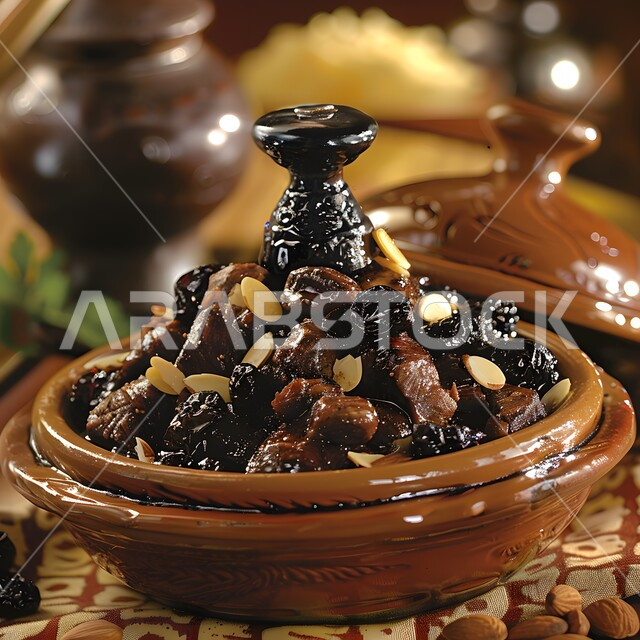 طاجن اللحم الغني بالمكسرات وحبات الزبيب والمشمش على الطريقة المغربية، وجبات الأطعمة الصحية الشهية، مطاعم للمأكولات الشرقية في المطبخ السعودي, أكلات شعبية تقليدية, تنوع الوصفات العربية في مطاعم المملكة العربية السعودية، المزج بين النكهات المالحة والسكرية