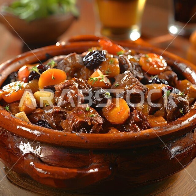 طاجن اللحم الغني بالمكسرات وحبات الزبيب والمشمش على الطريقة المغربية، وجبات الأطعمة الصحية الشهية، مطاعم للمأكولات الشرقية في المطبخ السعودي, أكلات شعبية تقليدية, تنوع الوصفات العربية في مطاعم المملكة العربية السعودية، المزج بين النكهات المالحة والسكرية