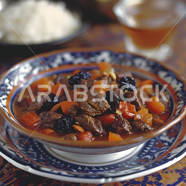 Moroccan-style meat tagine with nuts, raisins and apricots, delicious healthy meals, oriental food restaurants in Saudi cuisine, traditional popular dishes, diversity of Arabic recipes in Saudi Arabia restaurants, mixing salty and sugary flavours