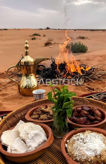 رحلة و كشتة برية في المناطق الصحراوية، دلة قهوة عربية تقليدية أمام شعلة الحطب، صورة مقربة لمائدة طعام وسط الصحراء, الاستجمام والاستمتاع في الأجواء الهادئة, قضاء إجازة ممتعة في براري المملكة العربية السعودية