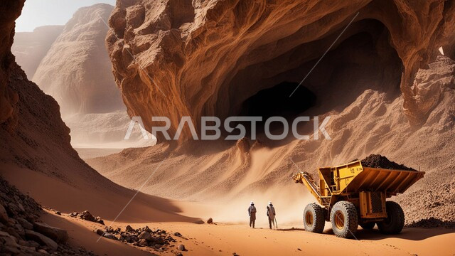 جرافات هيدروليكية تقوم بأحد اعمال التعدين لنقل وتفريغ التراب في الأماكن الجبلية في المملكة العربية السعودية, مفهوم مشاريع البناء والانشاء الكبيرة, مهن ووظائف هندسية صناعية, استخدام الآلات والمعدات الثقيلة في المناطق الوعرة في وقت النهار