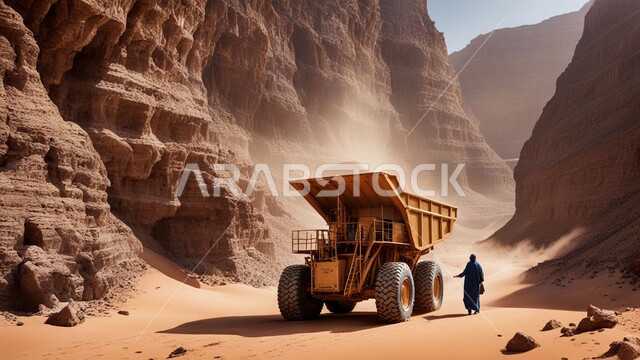 The concept of large construction and building projects, industrial engineering professions and jobs, the use of heavy machinery and equipment in rugged areas during the day, hydraulic bulldozers performing one of the mining works to transport and empty soil in mountainous areas in the Kingdom of Saudi Arabia