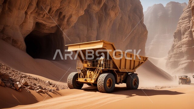 مهن ووظائف هندسية صناعية, استخدام الآلات والمعدات الثقيلة في المناطق الوعرة في وقت النهار، جرافات هيدروليكية تقوم بأحد اعمال التعدين لنقل وتفريغ التراب في الأماكن الجبلية في المملكة العربية السعودية، مفهوم مشاريع البناء والانشاء الكبيرة