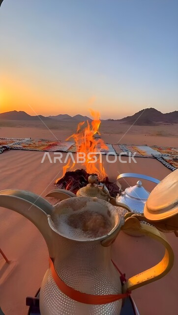 أماكن رحلات السفاري الترفيهية وسط الصحراء, رحلة و كشتة برية في المناطق الصحراوية، دلة قهوة عربية تقليدية أمام شعلة الحطب، الاستجمام والاستمتاع في الأجواء الهادئة, قضاء إجازة ممتعة في براري المملكة العربية السعودية
