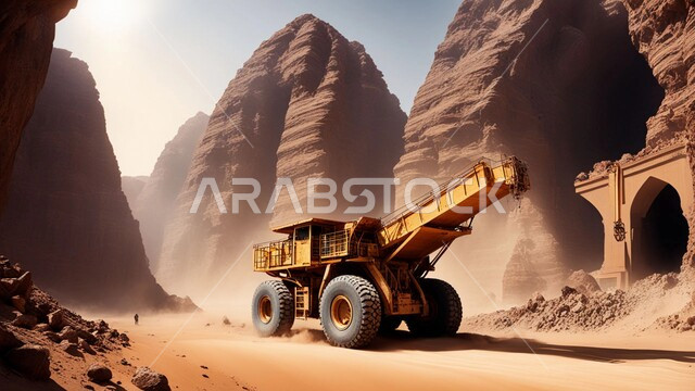 Use of heavy machinery and equipment in rugged areas during the day, hydraulic bulldozers doing mining work to transport and empty soil in mountainous areas in the Kingdom of Saudi Arabia, the concept of large construction and building projects, industrial engineering professions and jobs