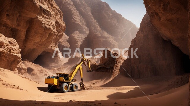 Excavator lifting and packing sand and gravel during the day, engineering, construction and development concept, engineering jobs and professions in Saudi Arabia, sand collection plant and huge machines, power and technology of building materials extraction process, heavy machinery and equipment