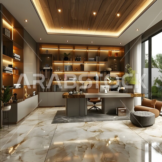 غرفة القراءة والجلوس، مكتب عمل بواجهه زجاجية كبيرة، الفن الهندسي المعماري المتطور، تصميم عصري حديث لمكاتب الشركات السعودية، تصاميم داخلية وديكورات راقية مع اثاث فاخر ومريح للغرف مكتبية