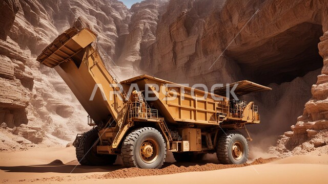 Engineering, construction and development concept, engineering jobs and professions in Saudi Arabia, sand collection plant and huge machines, power and technology of the process of extracting building materials, heavy machinery and equipment, bulldozer working to lift and pack sand and gravel during the day