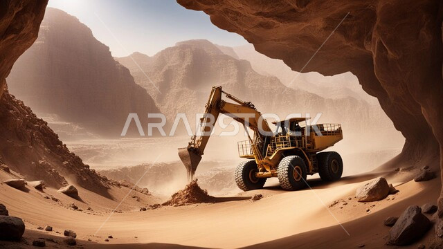 مهن ووظائف هندسية في السعودية، معمل تجميع الرمل والآلات الضخمة، قوة وتقنية عملية استخراج مواد البناء، آلات ومعدات ثقيلة، جرافة تعمل على رفع وتعبئة الرمال والحصى في النهار، مفهوم الهندسة والإنشاءات والتطوير