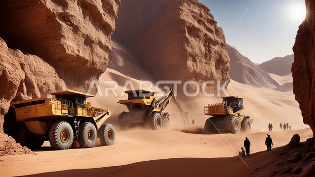 قوة وتقنية عملية استخراج مواد البناء، آلات ومعدات ثقيلة، جرافة تعمل على رفع وتعبئة الرمال والحصى في النهار، مفهوم الهندسة والإنشاءات والتطوير، مهن ووظائف هندسية في السعودية، معمل تجميع الرمل والآلات الضخمة