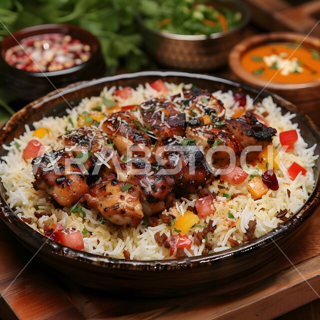 صحن من رز الكبسة بالتوابل، أطباق ووجبات عربية تقليدية شعبية، وصفات طعام المطبخ السعودي، مطاعم للمأكولات العربية الشرقية, طبق من أرز المندي و قطع لحم الغنم والخضار الطازجة،  فنون تقديم الطعام