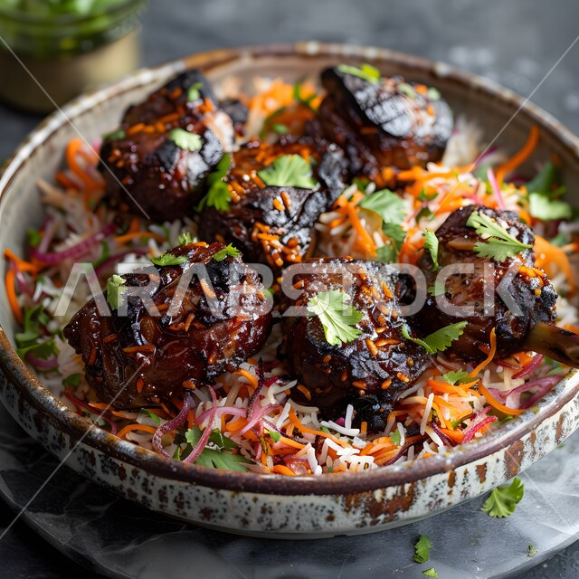 صحن من رز الكبسة بالتوابل، أطباق ووجبات عربية تقليدية شعبية، وصفات طعام المطبخ السعودي، مطاعم للمأكولات العربية الشرقية, طبق من أرز المندي و قطع لحم الغنم والخضار الطازجة،  فنون تقديم الطعام