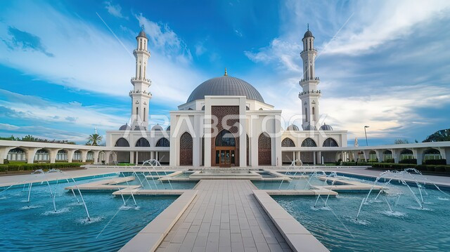 الفن الهندسي المعماري وتصاميم القبب والمآذن على الطراز العربي الاسلامي، المعالم الدينية المشهورة، العبادة والتقرب الى الله, الاهتمام بالمناظر العامة المحيطة بالمساجد، نداء المسلمين لاداء الفرائض والواجبات الدينية، بركة ماء امام مسجد في المملكة العربية السعودية