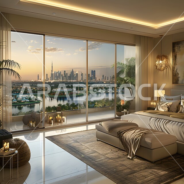 High-end interior home accessories, using elegant artistic style in home furniture, modern bedroom decorations, distinctive interior designs for villas and residential apartments in the Kingdom of Saudi Arabia, comfortable bed in calm colors