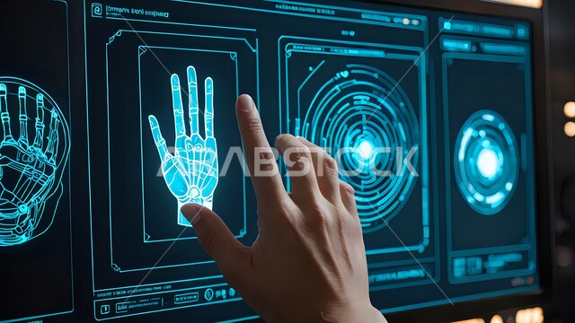 دمج التقنيات المتطورة في الحياة اليومية, صورة مقربة ليد تنقر و تتفاعل مع واجهة مستقبلية تعمل باللمس تعرض البيانات البيومترية، مفهوم الأمان عالي التقنية، التحول الرقمي والتقدم التقني في المملكة العربية السعودية، استخدام الأجهزة الحديثة لإنجاز المهام