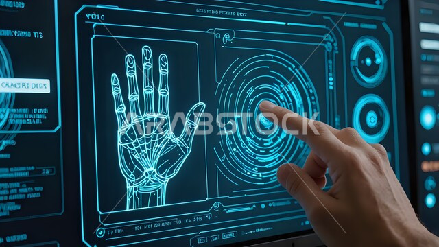 دمج التقنيات المتطورة في الحياة اليومية, صورة مقربة ليد تنقر و تتفاعل مع واجهة مستقبلية تعمل باللمس تعرض البيانات البيومترية، مفهوم الأمان عالي التقنية، التحول الرقمي والتقدم التقني في المملكة العربية السعودية، استخدام الأجهزة الحديثة لإنجاز المهام