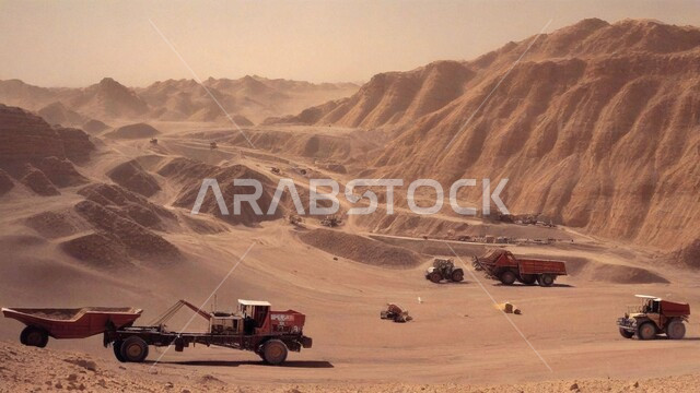 مفهوم الهندسة والإنشاءات والتطوير، الطبيعة الرملية و الصخرية في صحاري المملكة العربية السعودية, آلات ومعدات ثقيلة، مجموعة من الجرافات تعمل على رفع وتعبئة الرمال والحصى في النهار