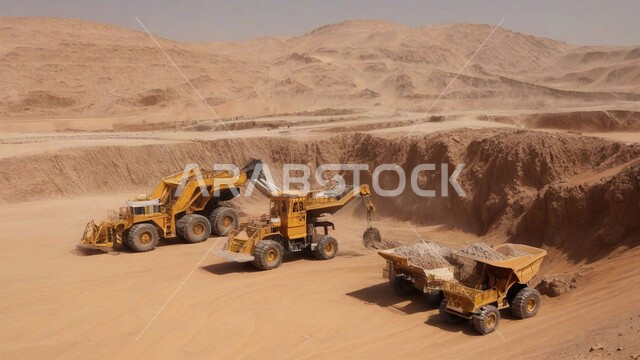 جرافات هيدروليكية تقوم بأحد اعمال التعدين لنقل وتفريغ التراب في الأماكن الجبلية في المملكة العربية السعودية, مفهوم مشاريع البناء والانشاء الكبيرة, مهن ووظائف هندسية صناعية, استخدام الآلات والمعدات الثقيلة في المناطق الوعرة في وقت النهار