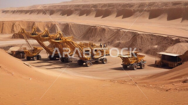 جرافات هيدروليكية تقوم بأحد اعمال التعدين لنقل وتفريغ التراب في الأماكن الجبلية في المملكة العربية السعودية, مفهوم مشاريع البناء والانشاء الكبيرة, مهن ووظائف هندسية صناعية, استخدام الآلات والمعدات الثقيلة في المناطق الوعرة في وقت النهار