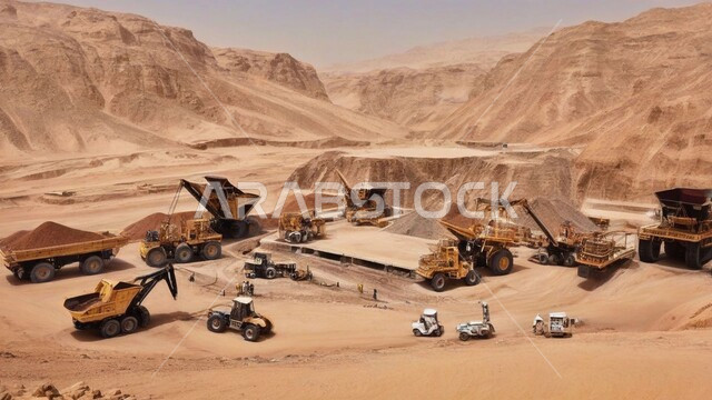 أماكن مناجم الفحم الطبيعي، مناطق التنقيب عن الثروات الباطنية، الطبيعة الصخرية وتضاريس السلاسل الجبلية، المرتفعات وقمم الجبال في المملكة العربية السعودية، جرافات كبيرة تقوم بالعمل في موقع التعدين، التخلص من الأتربة والصخور ونقلها بعيدا