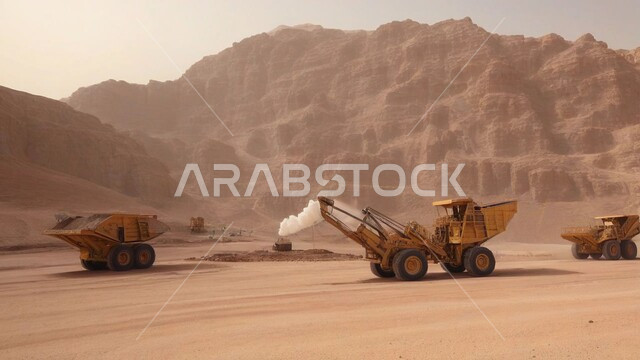 مناطق التنقيب عن الثروات الباطنية، الطبيعة الصخرية وتضاريس السلاسل الجبلية، المرتفعات وقمم الجبال في المملكة العربية السعودية، جرافات كبيرة تقوم بالعمل في موقع التعدين، التخلص من الأتربة والصخور ونقلها بعيدا، أماكن مناجم الفحم الطبيعي