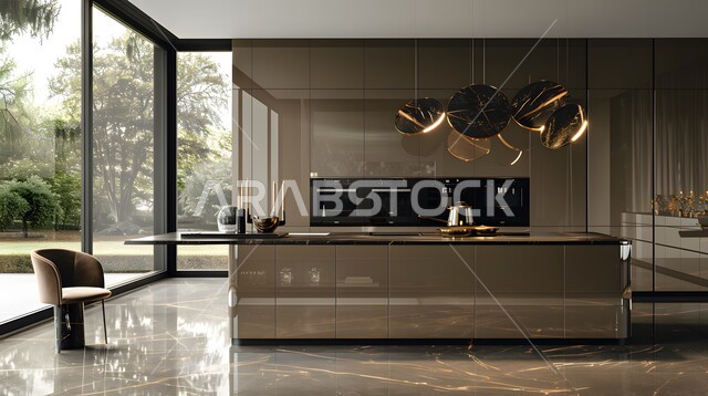 تصميم داخلي لمطبخ على الطراز الحديث, الديكورات العصرية للمطابخ الفاخرة في المملكة العربية السعودية، الأضواء المعلقة وتناسق الألوان, أثاث منزلي راقي، شقق وفلل سكنية مميزة